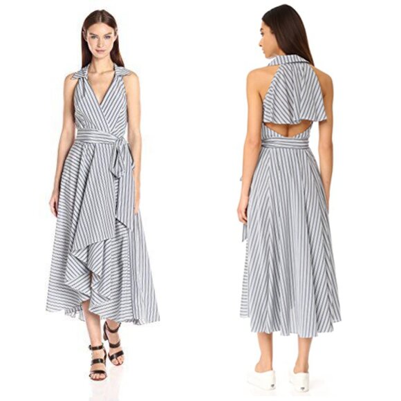 Milly Dresses & Skirts - Striped Wrap Dress Navy and White with Open Back Size 4 Silk Blend Brooklyn